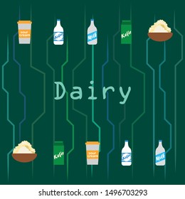 Milk, sour, kefir, cottage, cheese. Vector illustration of dairy products.