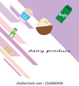 Milk, sour, kefir, cottage, cheese. Vector illustration of dairy products.