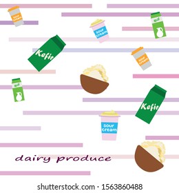 Milk, sour, kefir, cottage, cheese. Vector illustration of dairy products.