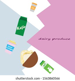 Milk, sour, kefir, cottage, cheese. Vector illustration of dairy products.