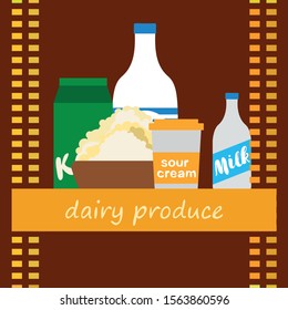 Milk, sour, kefir, cottage, cheese. Vector illustration of dairy products.