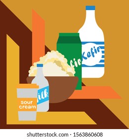 Milk, sour, kefir, cottage, cheese. Vector illustration of dairy products.