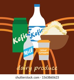 Milk, sour, kefir, cottage, cheese. Vector illustration of dairy products.