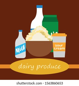 Milk, sour, kefir, cottage, cheese. Vector illustration of dairy products.