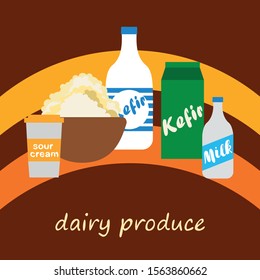 Milk, sour, kefir, cottage, cheese. Vector illustration of dairy products.