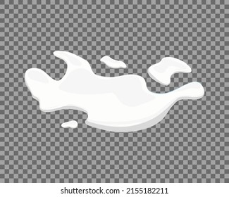 Milk spill on a transparent background. Puddle of white liquid, yogurt, mousse, ice cream or mayonnaise. Vector cartoon illustration.