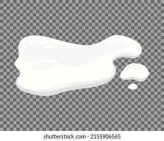 Milk spill on a transparent background. Puddle of white liquid, yogurt, mousse, ice cream or mayonnaise. Vector cartoon illustration.