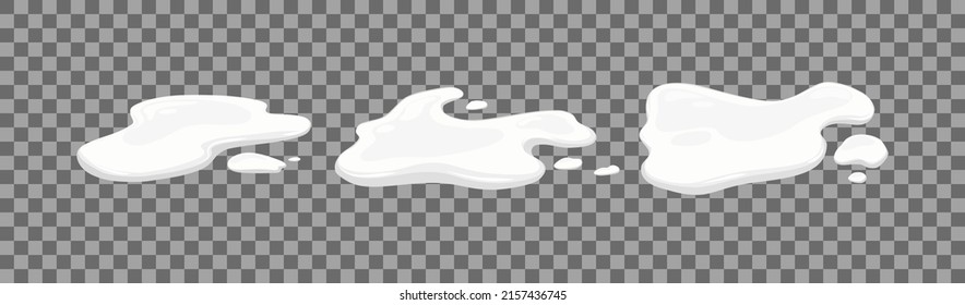 Milk spill on a transparent background. Set of puddles of white liquid, yogurt, mousse, ice cream or mayonnaise. Vector cartoon illustration.