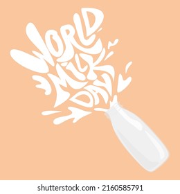 Milk spilled from a glass bottle in the form of a phrase World Milk Day. World Milk Day Vector graphic vector design. Banner, post or card with lettering.