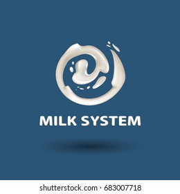 Milk spiral logo. Realistic milky drops rotate in a funnel.