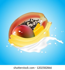 Milk splash 3d illustration with falling slices of papaya, mango,  banana. Cream pouring wave yogurt packaging template. Realistic organic fruit dairy product. Vector illustration EPS10. 