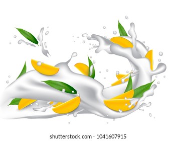 Milk splash 3d illustration with slices of mango, peach, apricot, nectarine, apple.  Cream pouring wave yogurt packaging template. Realistic organic leaves healthy fruit dairy product.  Vector EPS10.