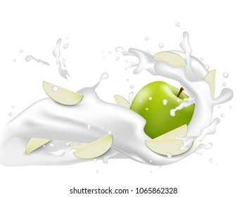 Milk splash 3d illustration with slices of green apple. Cream pouring wave yogurt packaging template. Realistic organic healthy fruit dairy product. Vector EPS10.