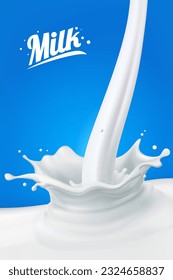 Milk splash 3D.Abstrakter realistischer Milchtropfen mit Splash einzeln auf blauem Hintergrund.element für Werbung, Paket-Design. Vektorgrafik