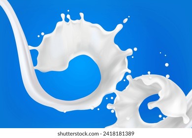 Milk splash 3D.Abstract realistic milk drop with splashes isolated on blue background.element for advertising, package design. vector illustration