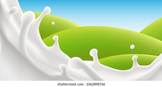 Milk splash advertising poster. Vector mock-up of pouring milk realistic illustration for label ads design