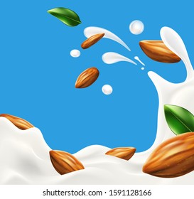 Milk splash with almond beans vector illustration for ads, labels, and packaging design uses