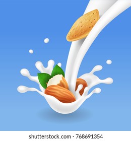Milk splash with Almond. Realistic vector