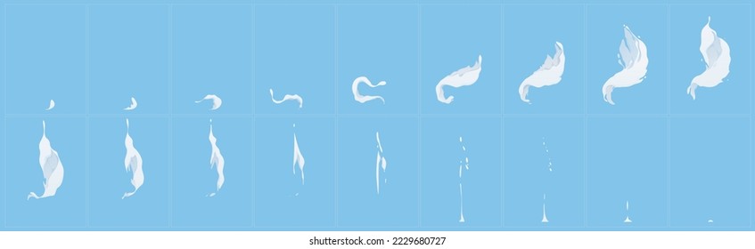 Milk splash animation, sprite, liquid swirl, splatters vfx game effect. Cartoon 2d liquid drops, white flow elements, explosion, burst, spatter blast, drip or ripple dynamic animated motion Vector set