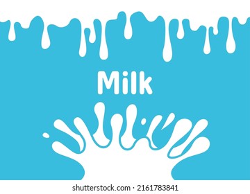 Milk splash background. Milkshake presentation, liquid cream or dairy product. White drink on light blue. Fresh healthy food, dessert yogurt exact vector poster