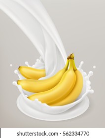 Milk splash and banana, 3d vector object. Natural dairy products