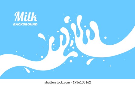 Milk splash banner. Dairy splashes, white creamy liquid drops. Fresh farm food, milky flow element. Flat milkshake wave recent vector poster