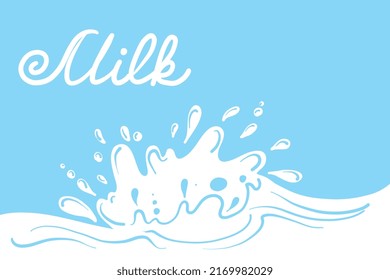 Milk splash banner. Dairy splashes, white creamy liquid drops. Fresh farm food, milk flowelement. Flat milkshake wave recent vector poster. Milk product background. Vector illustration. 