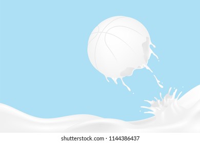 Milk splash Basketball shape, World Milk Day concept 3D virtual design illustration isolated on blue background with copy space, vector eps 10