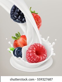 Milk splash and berry 3d vector object. Natural dairy products