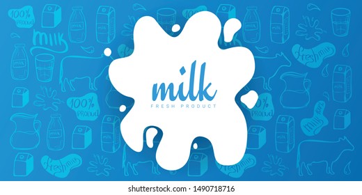 Milk splash and blot design on the hand draw doodle background