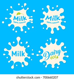 Milk splash blot on beige background signs collection. Vector illustration top view logos set. Milky fresh product logo element template. White abstract shapes on blue color