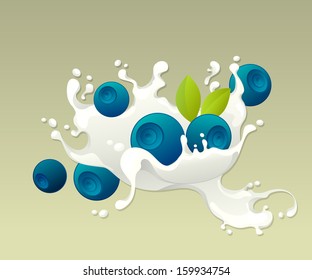 Milk splash with blueberries on light background.