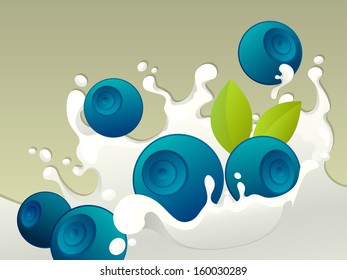 Milk splash with blueberries on light background.