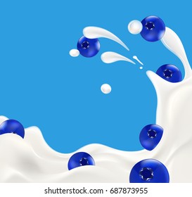 Milk splash with blueberry berries vector illustration for yogurt or milk product label and packaging design or advertising needs