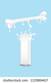 Milk splash Bone shape from glass, World Milk Day concept 3D virtual design illustration isolated on blue background with copy space, vector eps 10