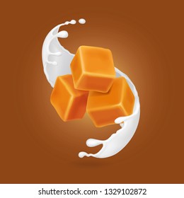 Milk splash and caramel cubes 3d realistic illustration