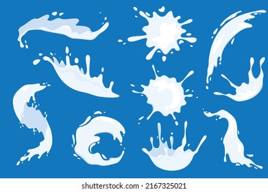 Milk splash in cartoon style set isolated elements. Bundle of fresh yogurt, cream or other dairy products, milky liquid pouring and drops in different shapes. Vector illustration in flat design