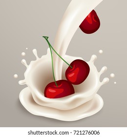 Milk Splash with Cherries : Vector Illustration