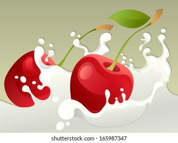 Milk splash with cherry on light background.