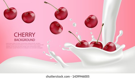 Milk splash with cherry Vector realistic. Detailed 3d illustrations background