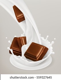 Milk splash and chocolate. Natural dairy products, 3d vector object