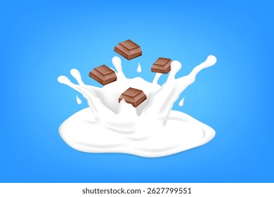 Milk Splash with Chocolate Pieces – Realistic Vector Background