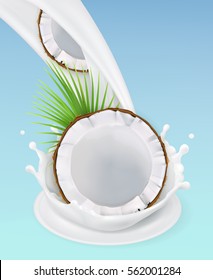 Milk Splash And Coconut, 3d Vector Object. Natural Dairy Products