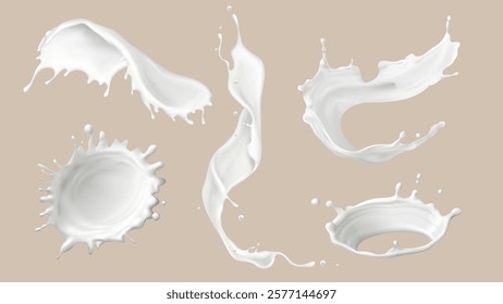 Milk splash collection with dynamic fluid shapes - white liquid drops, circular splatter, swirling stream, curved wave elements. Realistic dairy product motion design for packaging and advertising.