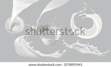 Milk splash collection with dynamic liquid shapes, flying drops and circular crown effects on grey background. Realistic 3d dairy creamy white fluid motion with natural dairy beverage movement.