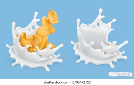 Leche y copos de maíz. 3d objetos vectoriales realistas, ilustración alimentaria