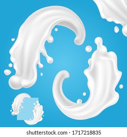 Milk splash corner decoration design. 3d realistic white yogurt pouring drop. Dripping cream icon. Liquid lotion abstract illustration.