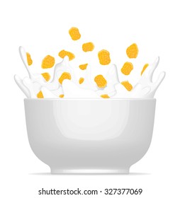 Milk splash with cornflakes in bowl