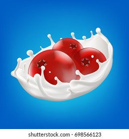 Milk splash with cranberry 3d vector background illustration