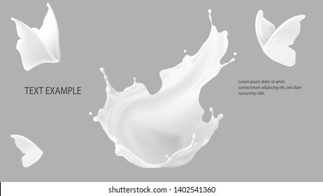 Milk splash, crown shape and white liquid silhouettes of flying butterflies isolated on gray background.